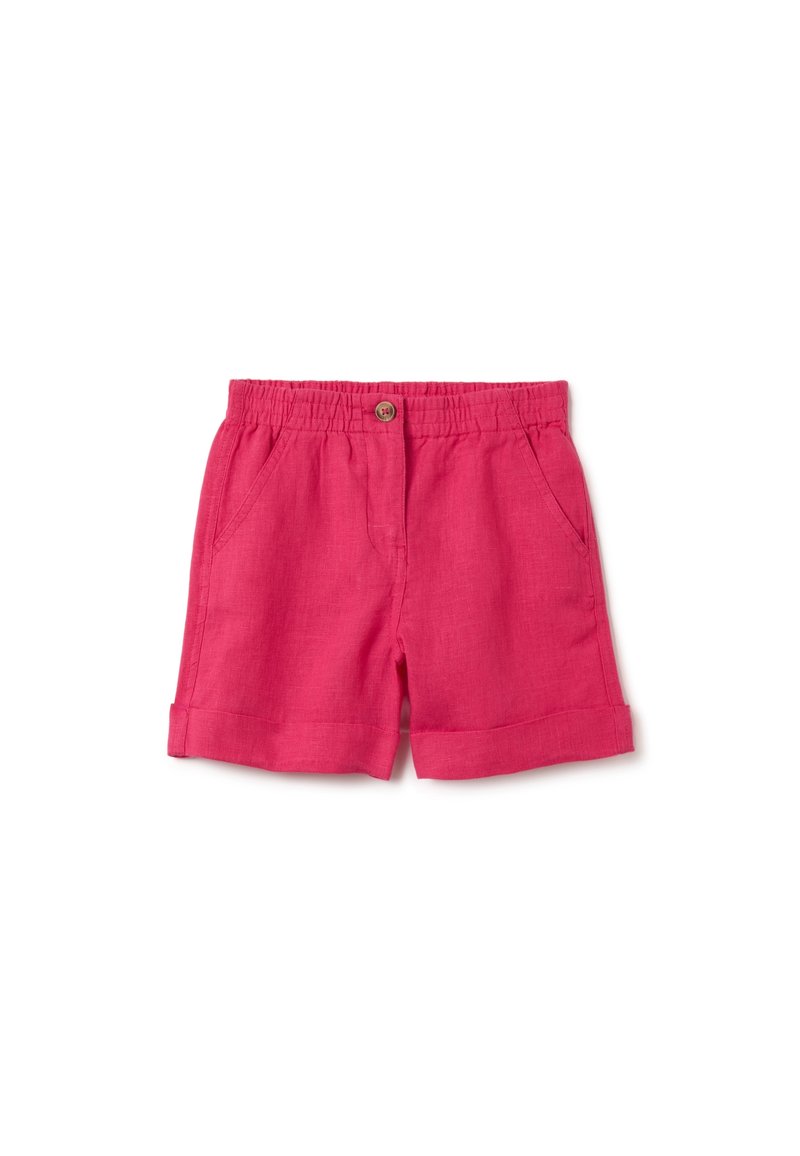 Pantalones cortos de lino rosa con cintura elástica, que cuentan con bolsillos frontales y dobladillos enrollados. Diseño sencillo con un detalle de botón en la cintura.