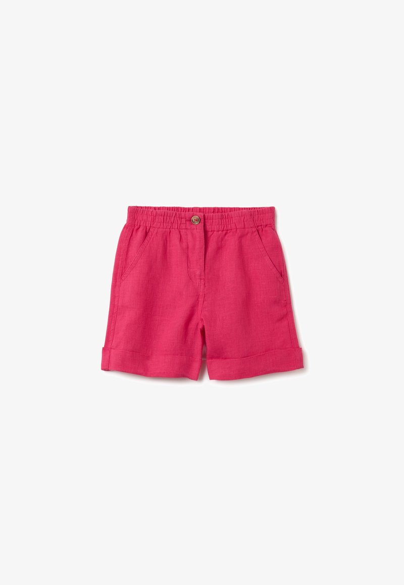 Shorts en lin rose avec une taille élastique, comportant des poches avant et des ourlets roulés. Design simple avec un détail bouton à la taille.