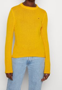 Pull en maille jaune avec col rond, manches longues et petit logo sur la poitrine. Associé à un jean en denim bleu clair.