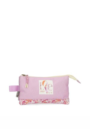 Bolsa de color púrpura claro con cremallera, lengüetas de tela para tirar, ribete floral en el borde inferior y un logo "LOVE Pepe Jeans" en el frente.