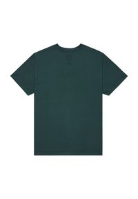 Dunkelgrünes Baumwoll-T-Shirt mit kurzen Ärmeln, Rundhalsausschnitt und geradem Saum. Schlichte Rückseite ohne sichtbare Logos oder Muster.