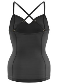 Top nero senza maniche con spalline incrociate. Materiale liscio e elasticizzato con silhouette aderente. Leggera curvatura all'orlo. Accessori in metallo dorato.