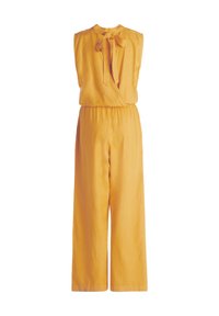 Geel linnen jumpsuit met mouwloos ontwerp, strik aan de hals en wijde broekspijpen, met een relaxte pasvorm en een gladde textuur.