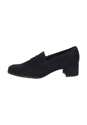 Navy blue suede women's loafer with block heel, slip-on design, and stitched detailing across the top.