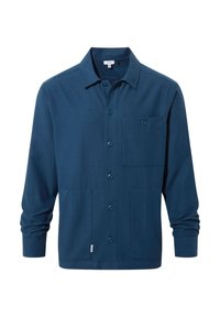 Blue button-up shirt made of soft fabric, featuring a collar, long sleeves, a front pocket, and two side pockets. Smooth texture.