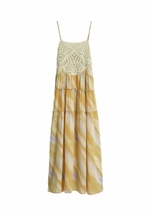 Vestido maxi sin mangas a rayas amarillas y blancas con falda de capas y corpiño de encaje blanco intrincado con finas tirantes.