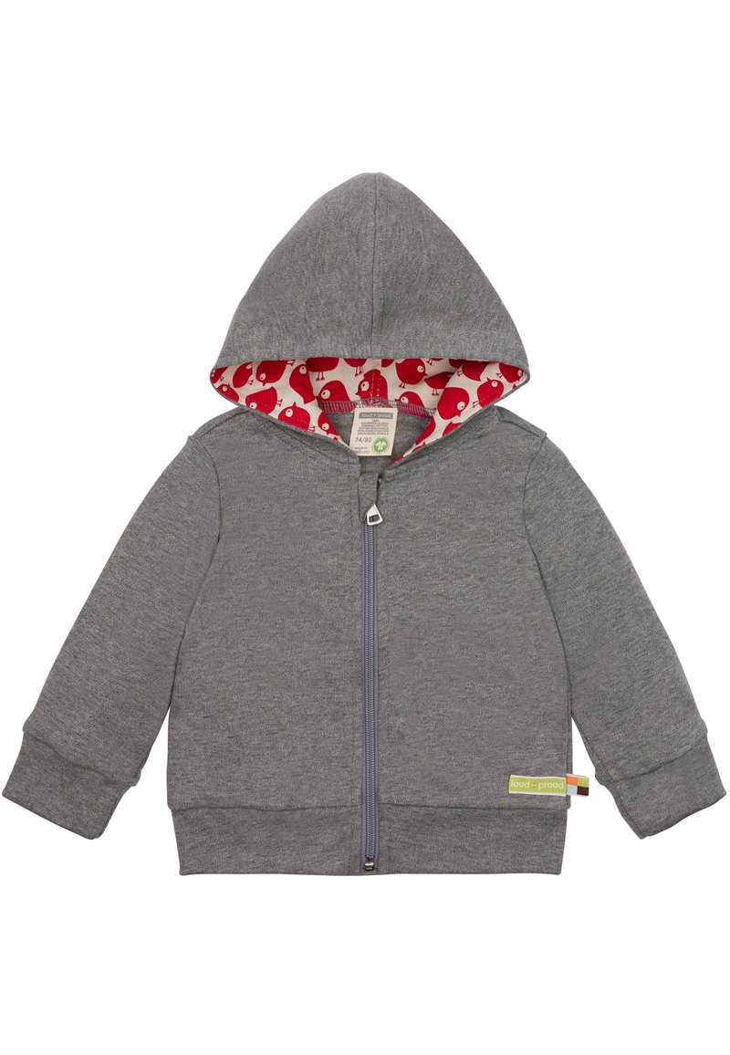 Grauer Reißverschluss-Hoodie mit fleeceartigem Innenfutter und einem roten Vogel-Muster. Er hat eine Kapuze und gerippte Bündchen und besteht aus weichem Material.