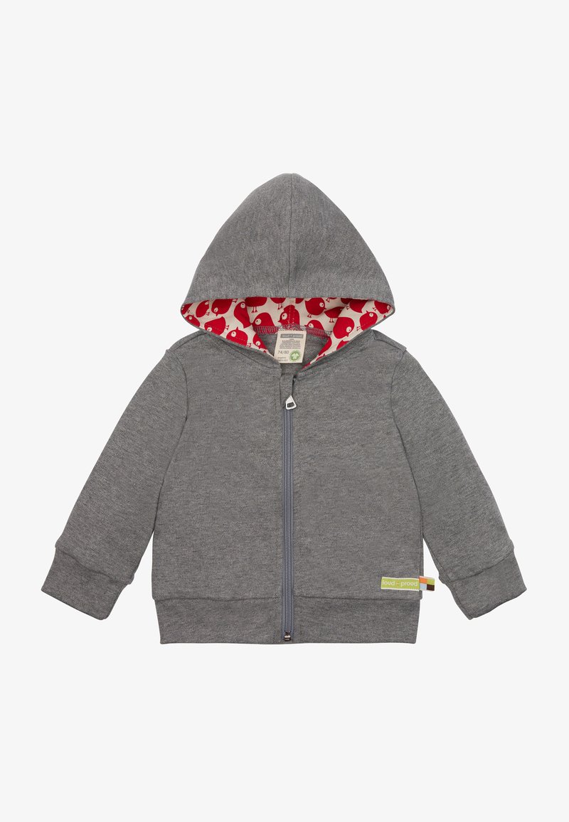 Felpa grigia con zip e interno in pile, decorata con un motivo a uccelli rossi. Presenta un cappuccio e polsini a coste, realizzata in materiale morbido.