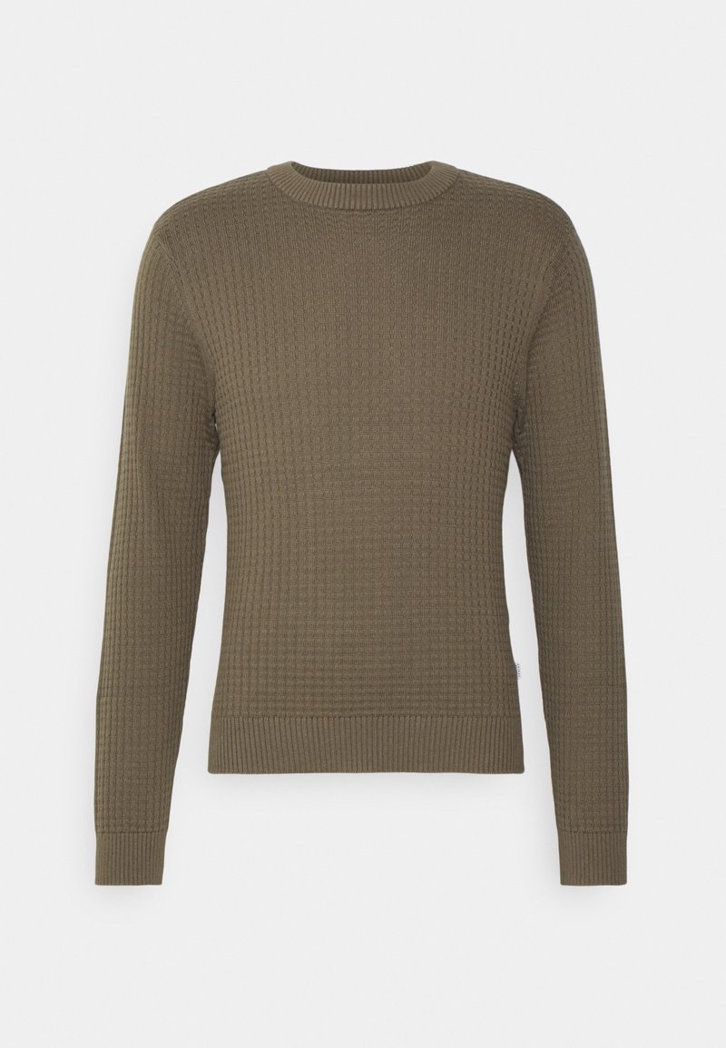 Olivgrüner grob gestrickter Pullover mit strukturierter Musterung, rundem Ausschnitt und gerippten Bündchen und Saum. Lange Ärmel und ein schlanker Schnitt.