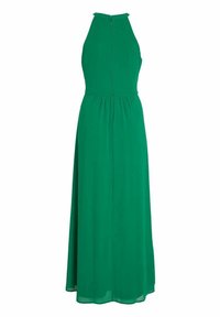 Robe longue verte sans manches avec col montant et fermeture éclair dans le dos, tissu fluide et taille froncée.