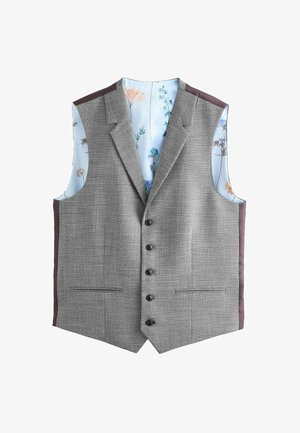 Gray waistcoat with textured fabric, five buttons, and side pockets. Inside features a floral-patterned light blue lining. Brown shoulder accents.