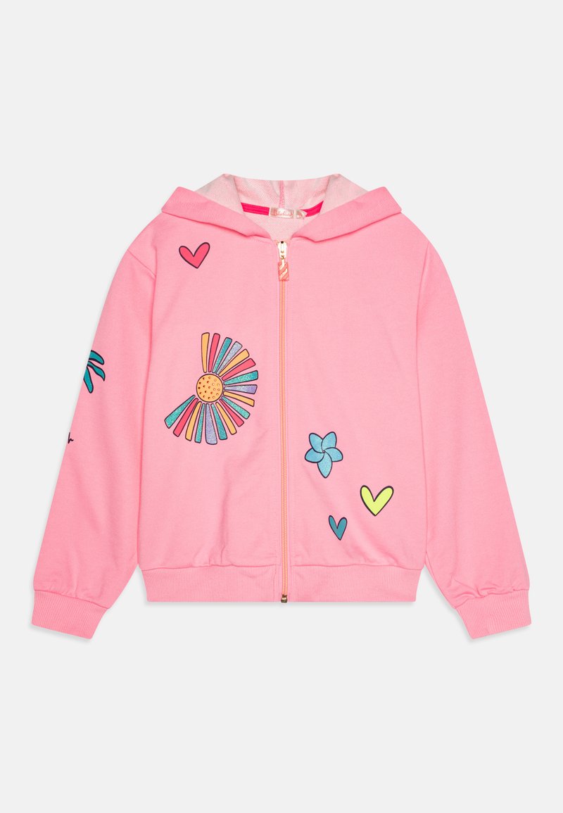 Hoodie zippé rose fabriqué en tissu doux, avec des motifs floraux multicolores et des cœurs sur les manches avant. Fermeture zippée complète et capuche.