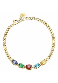 Bracciale in oro con cinque gemme ovali nei colori blu, verde, rosso, azzurro e giallo, incastonate in montature metalliche a punte.