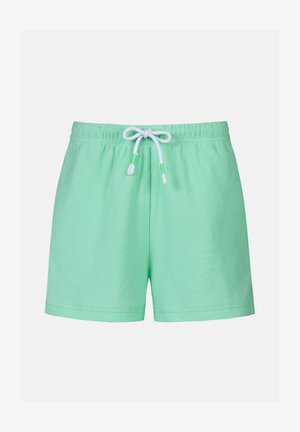Mintgroene terry stoffen shorts met elastische tailleband en een witte trekkoord met groene accenten, weergegeven op een witte achtergrond.