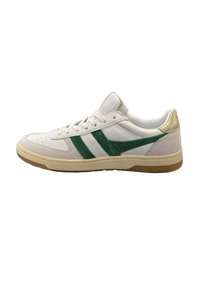White leather sneaker with green suede stripes, gold-accented heel, and beige rubber sole. Features round toe and white laces.