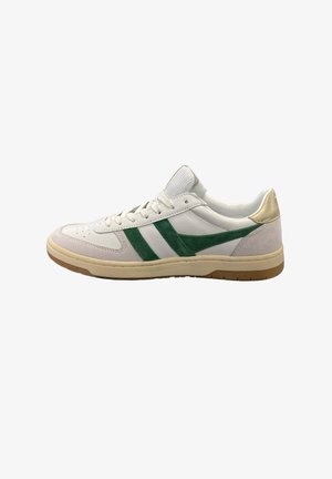 White leather sneaker with green suede stripes, gold-accented heel, and beige rubber sole. Features round toe and white laces.