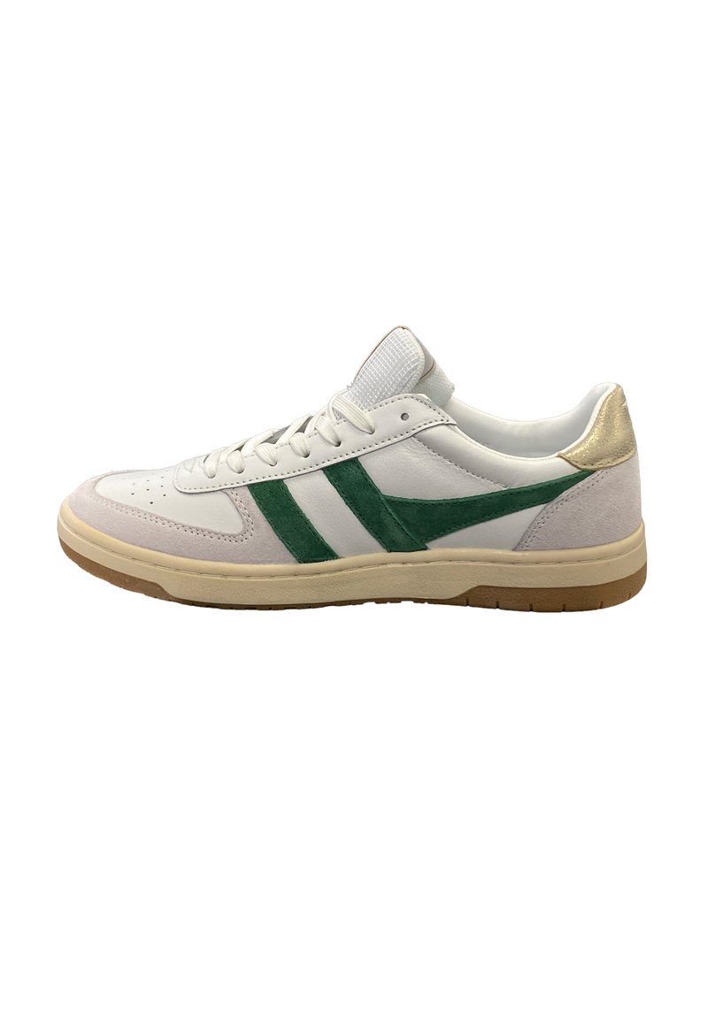 White leather sneaker with green suede stripes, gold-accented heel, and beige rubber sole. Features round toe and white laces.