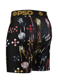 Boxeri negri cu modele abstracte colorate, inclusiv logo-uri și forme în aur, roz și argintiu. Material moale și elastic cu un brâu lat.