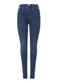 Pantalones ajustados de color azul oscuro con cintura alta, hechos de denim, que cuentan con cinco bolsillos y detalles de costura. Textura suave con ligero estiramiento.