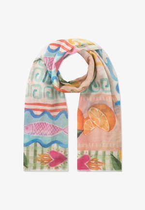 Sjaal met kleurrijke abstracte patronen, waaronder roze vissen, oranje schijfjes citrus, rode brandende harten en blauwe golfmotieven op een lichte achtergrond.