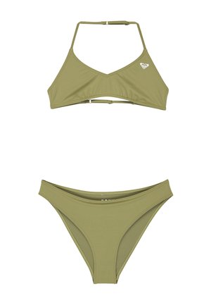 Bikini deux pièces vert olive avec haut à nouer réglable et bas simple, orné d'un petit logo blanc sur le haut.
