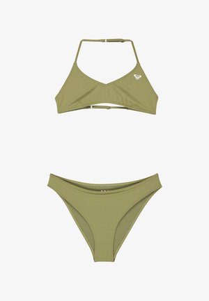 Bikini a due pezzi verde oliva con top all'americana regolabile e slip semplici, con un piccolo logo bianco sul top.