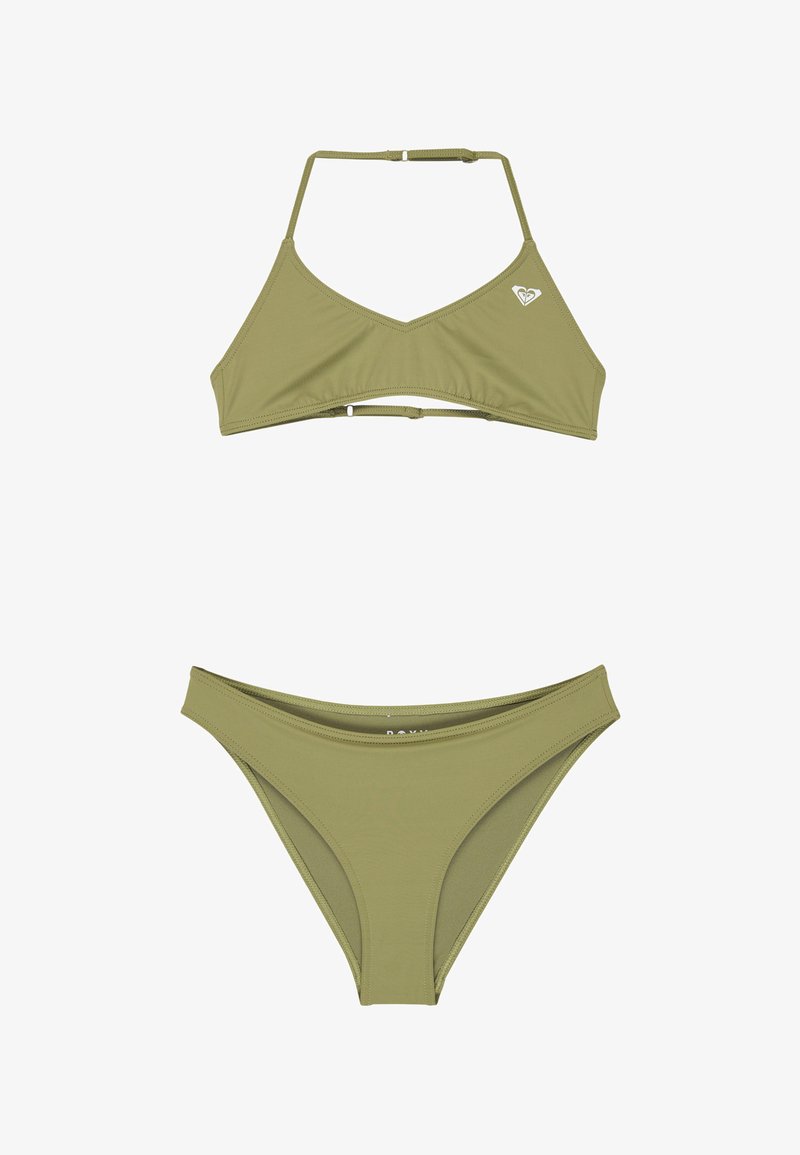Bikini deux pièces vert olive avec haut à nouer réglable et bas simple, orné d'un petit logo blanc sur le haut.
