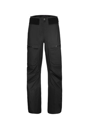 Schwarze wasserdichte Hose mit geradem Schnitt, ausgestattet mit mehreren Taschen, einem verstärkten Kniebereich und einem Klettverschlussbund für eine verstellbare Passform.