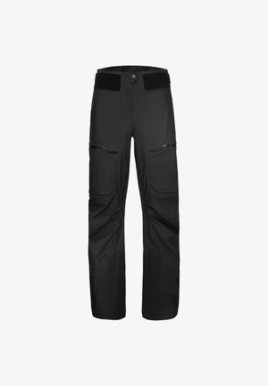 Pantaloni impermeabili neri con vestibilità dritta, dotati di molteplici tasche, area del ginocchio rinforzata e vita con cinturino in Velcro per una vestibilità regolabile.
