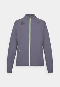 Grau sportliche Jacke mit hohem Kragen, neongrüner Reißverschluss und bedruckten Logos. Inklusive Seitentaschen und elastischen Bündchen.