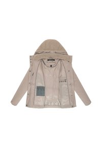 Beige jas met een getextureerde, pluizige capuchonvoering. Heeft een gladde buitenkant, binnenzakken en een bedrukte label aan de zoom. Vastgemaakt met drukknoopjes.
