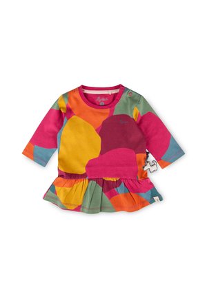 Baby-Kleid mit langen Ärmeln und gerafftem Saum in bunten abstrakten Formen in Pink, Orange, Gelb, Grün und Blau, mit Schulterknöpfen.