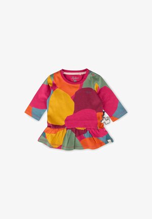 Vestito per neonato a maniche lunghe con orlo arricciato in forme astratte colorate di rosa, arancione, giallo, verde e blu, con bottoni sulle spalle.