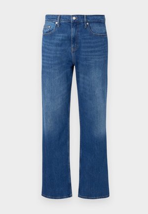 Blue denim jeans with a straight leg cut, featuring a classic five-pocket design, metal button fastening, and subtle fading details.