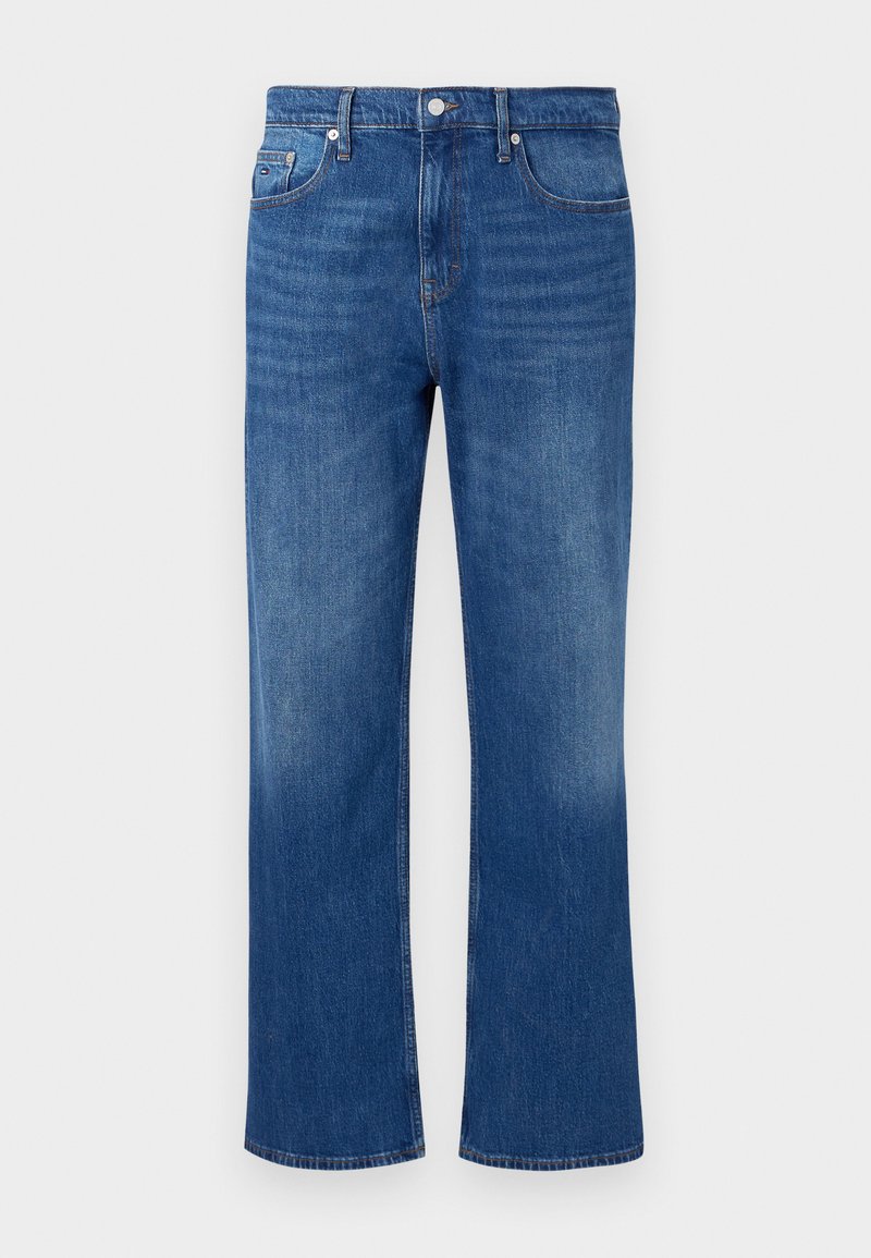 Blå denim jeans med lige ben, der har et klassisk fem-lomme design, metalknaplukning og subtile slidte detaljer.