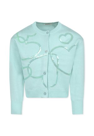 Cardigan verde menta con motivi a cuore e spirale in paillettes, polsini e orlo a coste, e chiusura con bottoni davanti.