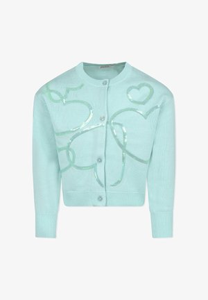 Gilet vert menthe avec des motifs de cœurs et de tourbillons en sequins, des poignets et un ourlet côtelés, et une fermeture à boutons à l'avant.