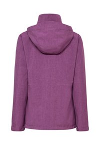 Veste à capuche violette à manches longues, col montant et tissu subtilement texturé, vue de dos.