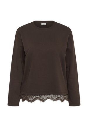 Dark brown long-sleeve shirt with round neckline and lace trim along the bottom edge.