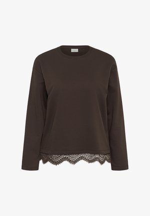 Dark brown long-sleeve shirt with round neckline and lace trim along the bottom edge.