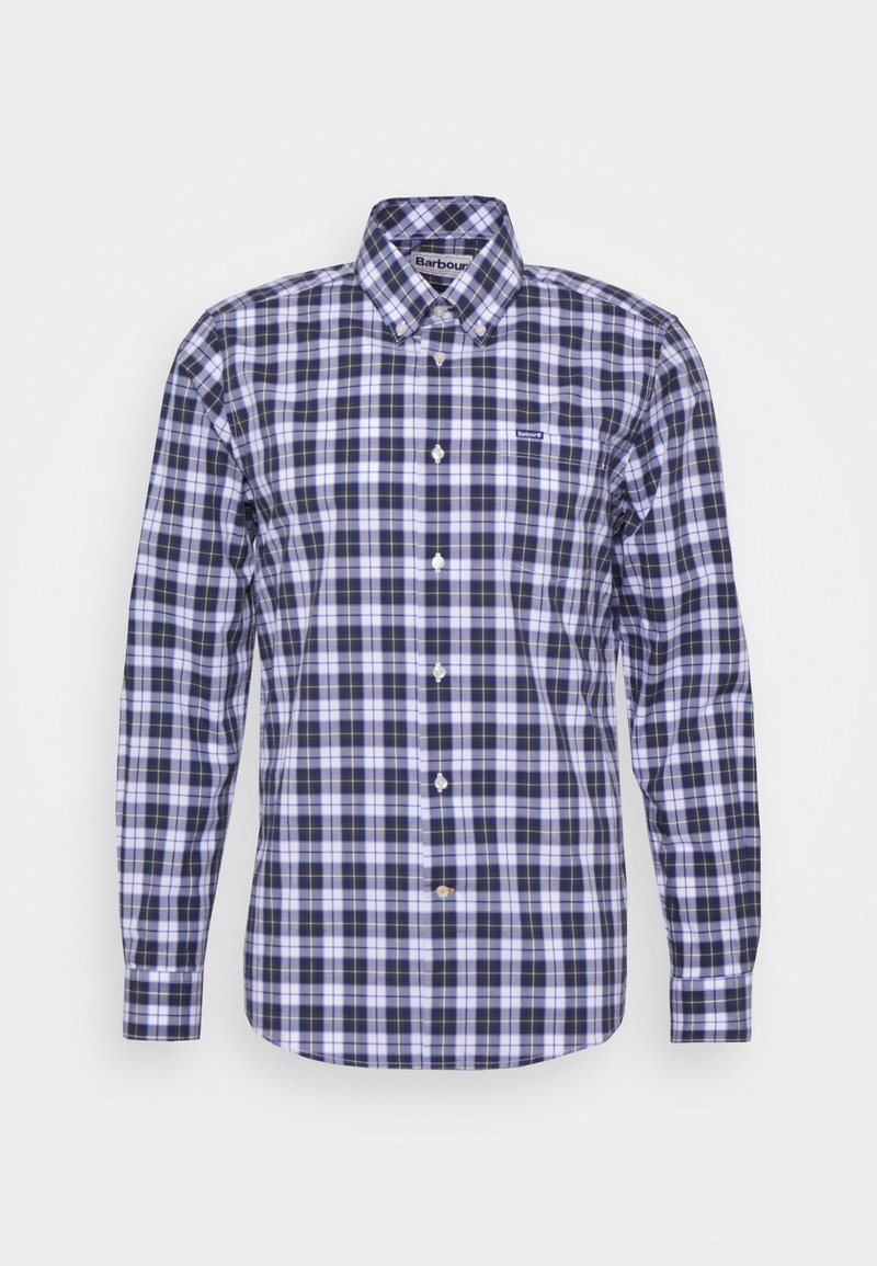 Chemise à manches longues boutonnée avec motif à carreaux bleu marine, blanc et gris et petit logo Barbour sur la poitrine gauche.