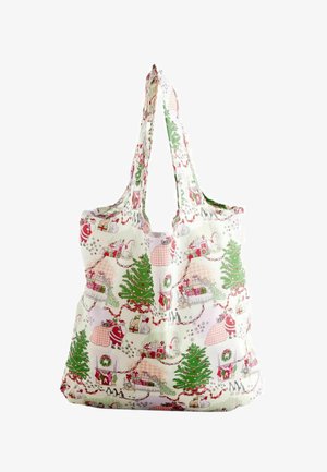 Borsa riutilizzabile in tessuto leggero, con un motivo festivo che presenta alberi, regali e animali in rosso e verde su uno sfondo bianco.