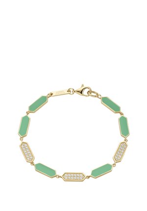 Gold bracelet with alternating green enamel and diamond-studded geometric links, secured by a lobster clasp.