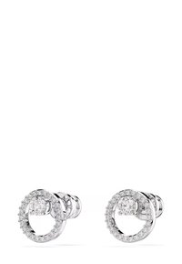 Boucles d'oreilles circulaires en argent avec une pierre précieuse centrale claire, entourée de pierres plus petites le long du bord extérieur, finition polie.