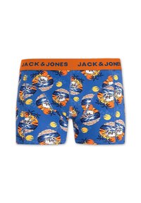 Caleçons boxers bleus avec une taille orange portant le texte "JACK & JONES" et un motif dynamique de crânes, de palmiers et de soleils.