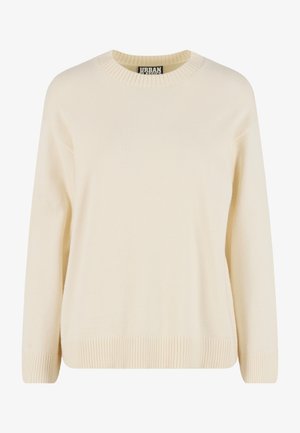Cream-colored knit sweater with a round neckline, ribbed cuffs, and hem, featuring a relaxed fit and soft texture.