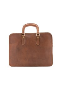 Porte-documents en cuir marron au toucher lisse, avec deux poignées en cuir et des détails en métal doré. Design rectangulaire simple, sans motifs.