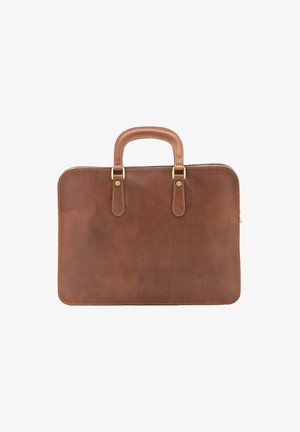 Bruine leren aktetas met een gladde textuur, voorzien van twee leren handgrepen en gouden accenthardware. Eenvoudig rechthoekig ontwerp, zonder patronen.