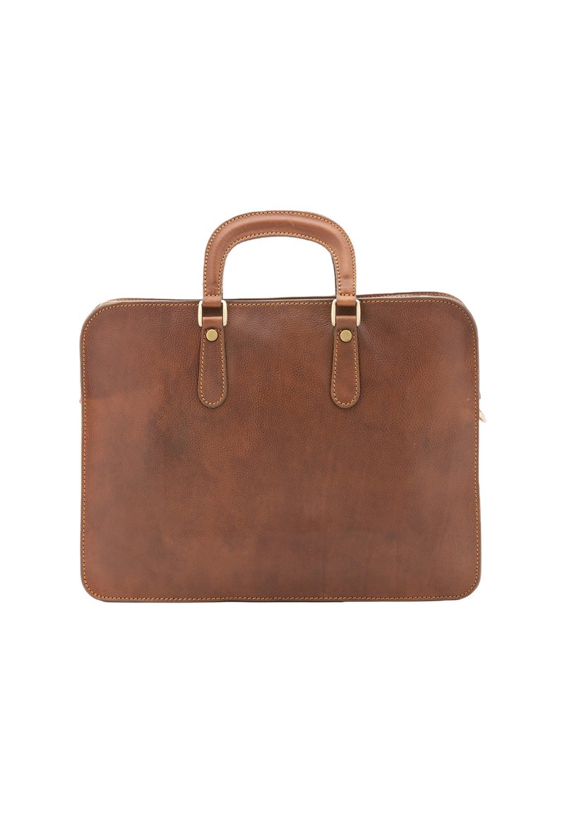 Porte-documents en cuir marron au toucher lisse, avec deux poignées en cuir et des détails en métal doré. Design rectangulaire simple, sans motifs.