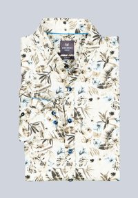 Folded slim fit shirt with beige, black, and light blue tropical floral pattern and blue buttons on a light gray background.